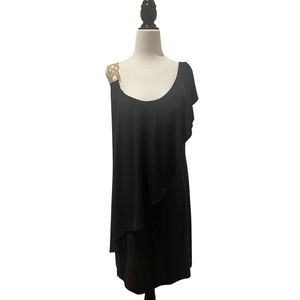 Betsy & Adam black dress with gold chain strap